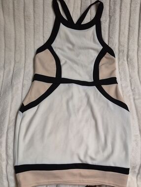 Entry White & Beige Colorblock Tank Dress with Black Trim